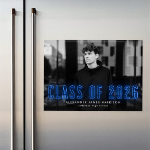 Invitation Magnétique Classe moderne Blue Neon de 2025 - Diplôme photo