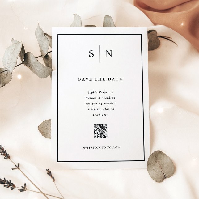 Invitation Magnétique Code QR noir et blanc minimal Chic Enregistrer la  (An elegant, black and white magnetic save the date card with scannable QR code)