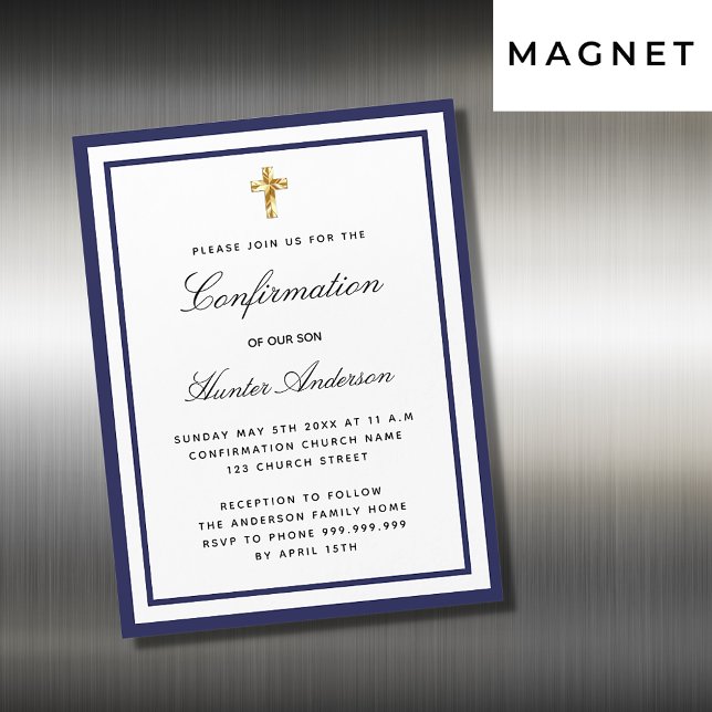 Invitation Magnétique Confirmation garçon royal bleu blanc minimaliste (Créateur téléchargé)