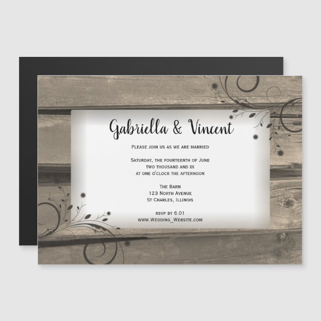Invitation Magnétique Country Grange Mariage bois et fleurs (Devant / Derrière)