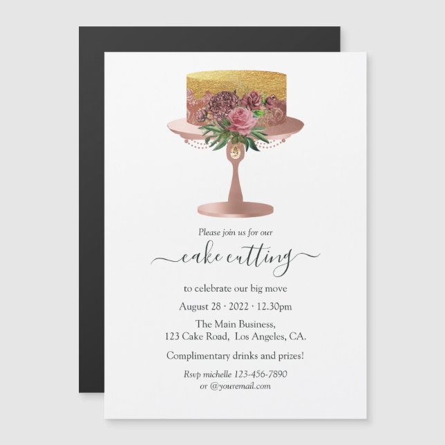 Invitation Magnétique Coupe Rose tendance Gold et Gold Floral Cake (Devant / Derrière)