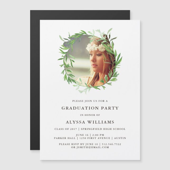 Invitation Magnétique Courbe botanique verte| Parti des diplômes (Devant / Derrière)