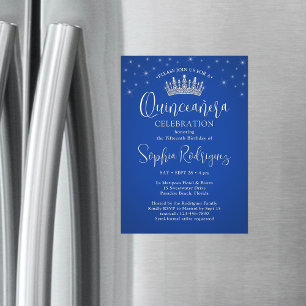 Invitation Magnétique Couronne de Quinceañera Étincelles Élégantes Bleu 