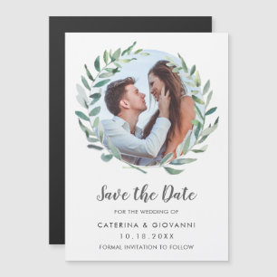 Invitation Magnétique Couronne de verdure rustique Photo mariage Enregis