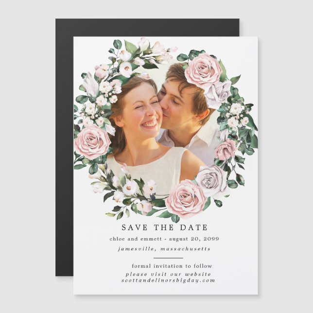 Invitation Magnétique Couronne florale rustique Enregistrer la date Cart (Devant / Derrière)