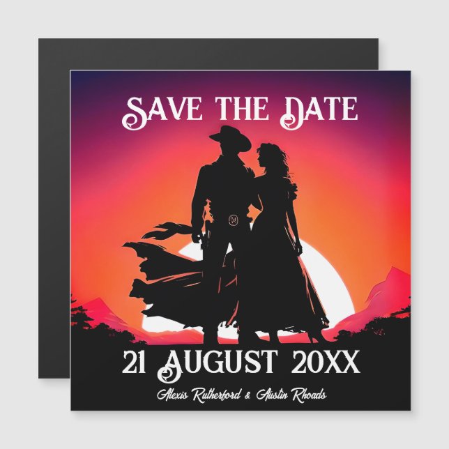 Invitation Magnétique Cowboy et Cowgirl à Sundown Enregistrer la date (Devant / Derrière)