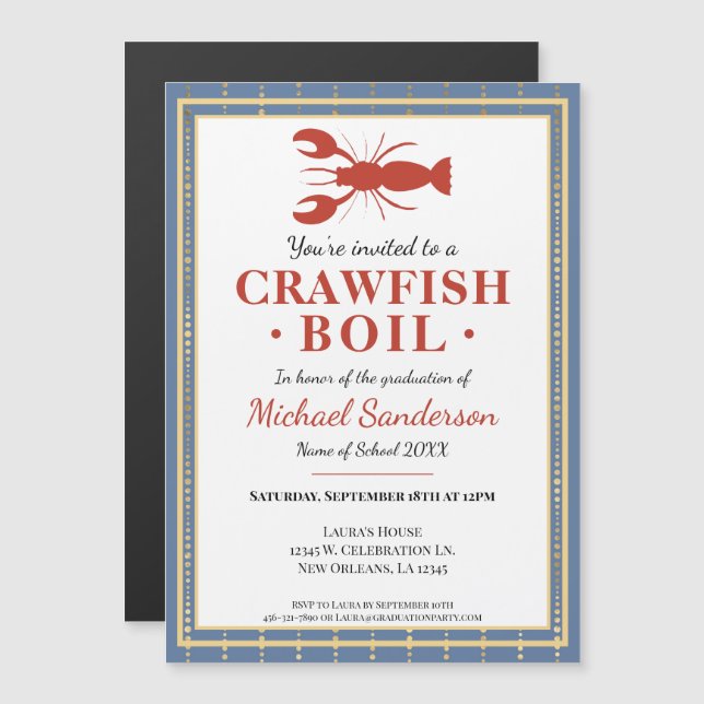 Invitation Magnétique Crawfish Boil Fruits de mer Blue Graduation Party (Devant / Derrière)