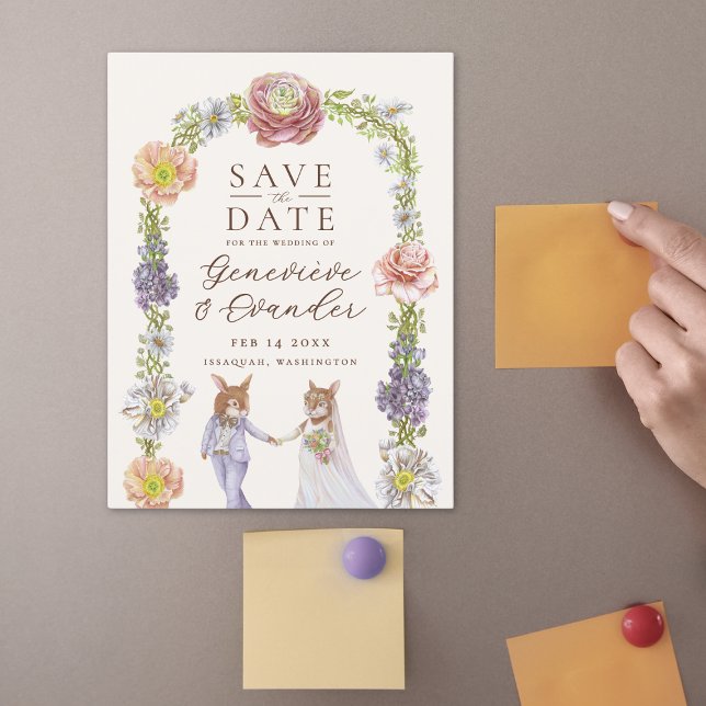 Invitation Magnétique Cute Boho Bunny Amour Floral Mariage Enregistrer l (Illustrated bunny rabbit themed wedding save the date magnetic cards with watercolor flowers)