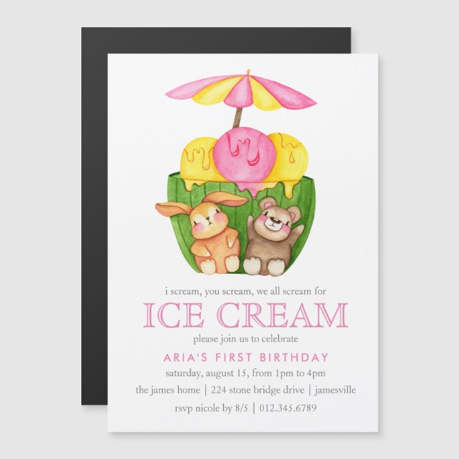 Invitation Magnétique Cute Bunny Teddy Bear Crème de glace 1ère fête d'a (Devant / Derrière)