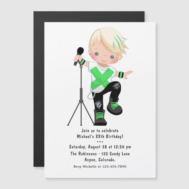 Invitation Magnétique Cute Little Blonde Boy Rock Star Anniversaire (Devant / Derrière)