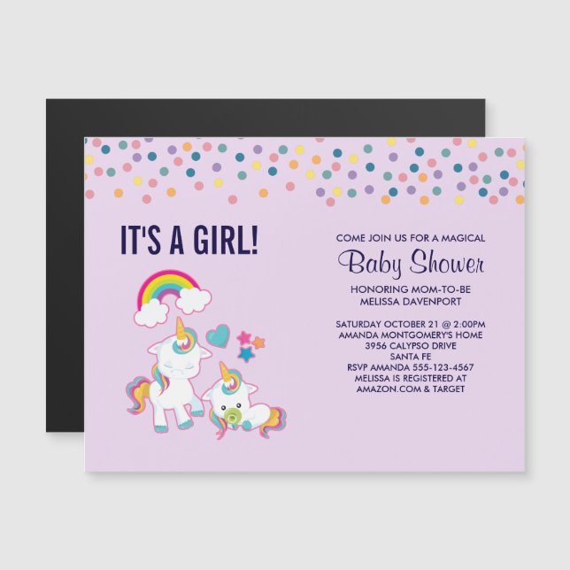 Invitation Magnétique Cute Mama & Baby Unicorn Baby shower magique (Devant / Derrière)