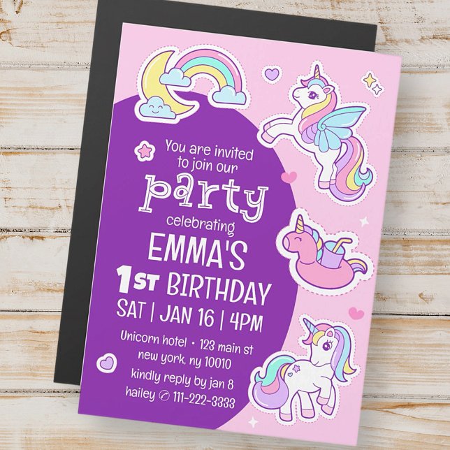 Invitation Magnétique Cute Modern Rainbow Unicorns fête d'anniversaire p (Créateur téléchargé)