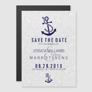 Invitation Magnétique Damas blancs et Ancre bleue marine
