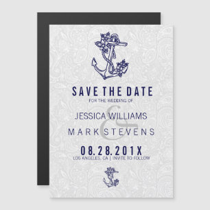 Invitation Magnétique Damas blancs et bleu Ancre florale marine