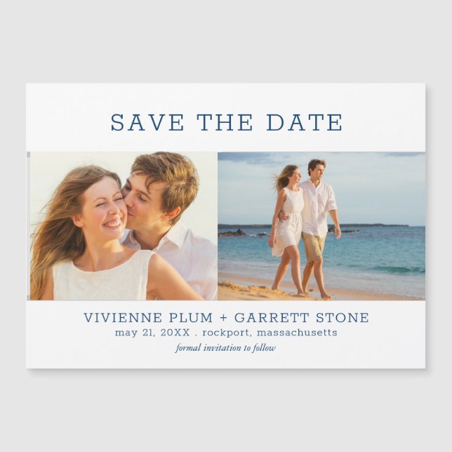 Invitation Magnétique Dark Blue Text 2 Photo Wedding Enregistrer la date (Devant)