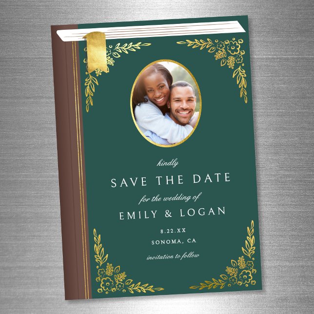 Invitation Magnétique Dark Green Gold Book Wedding Save The Date Card (Créateur téléchargé)