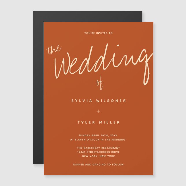 Invitation Magnétique Décontracté Burnt Orange Mariage de typographie (Devant / Derrière)