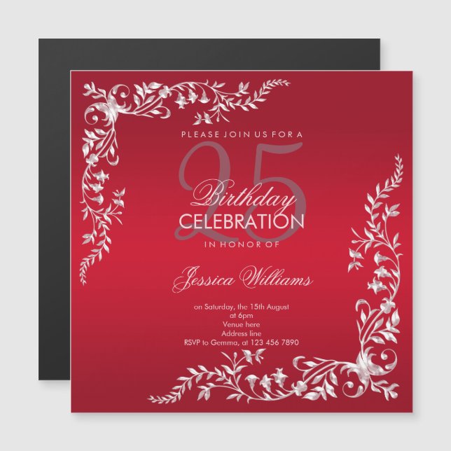 Invitation Magnétique Décoration rouge rubis 25e anniversaire  (Devant / Derrière)