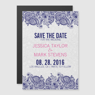 Invitation Magnétique Dentelles et Damas bleues et blanches