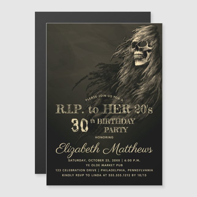 Invitation Magnétique Déplaisante crâne de cheveux RIP à sa fête d'anniv (Devant / Derrière)