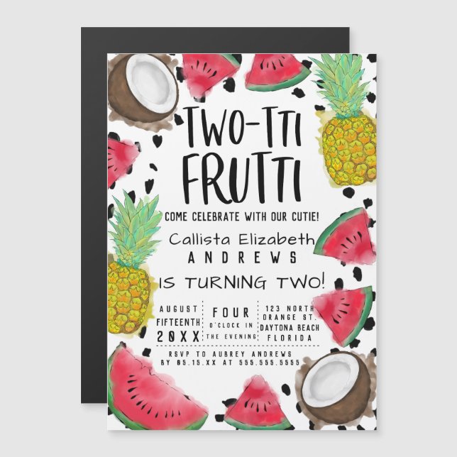 Invitation Magnétique Deux tti Frutti Cute Fruit Aquarelle 2e anniversai (Devant / Derrière)