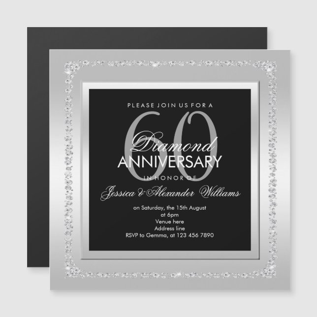 Invitation Magnétique Diamants romantiques Argent 60e anniversaire Maria (Devant / Derrière)