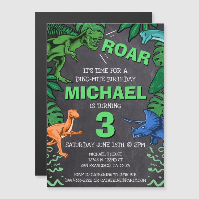 Invitation Magnétique Dinosaur Anniversaire de enfant Dino Trex Chalkboa (Devant / Derrière)