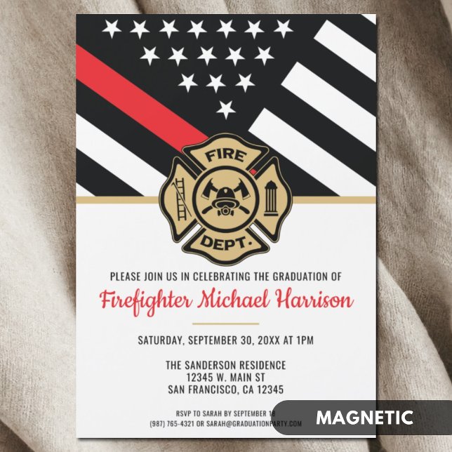 Invitation Magnétique Diplômé de l'école des pompiers Drapeau de la lign (Firefighter Fire Academy Red Line Flag Graduation Magnetic Invitation)