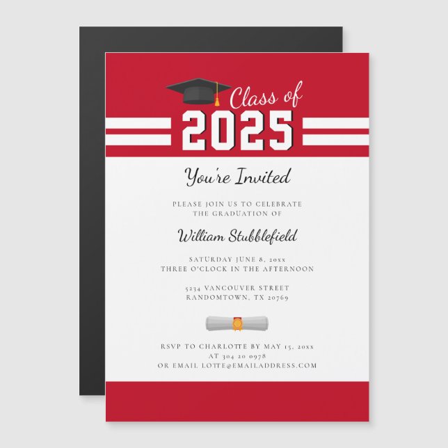 Invitation Magnétique Diplômé Rouge Blanc Simple Moderne Graduation (Devant / Derrière)