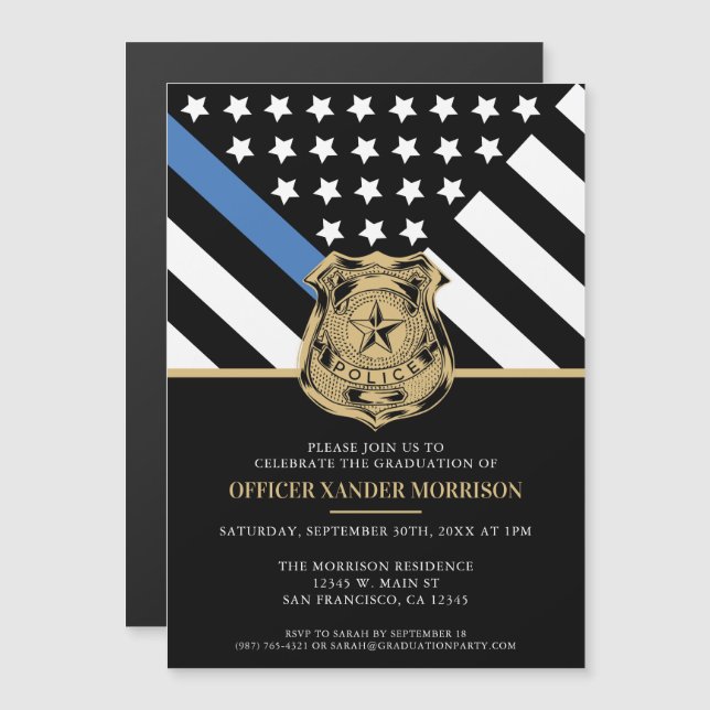 Invitation Magnétique Drapeau de la ligne bleue de la police Diplôme de  (Devant / Derrière)