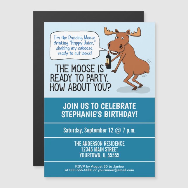 Invitation Magnétique Drôle Drunk Dancing Moose Anniversaire (Devant / Derrière)