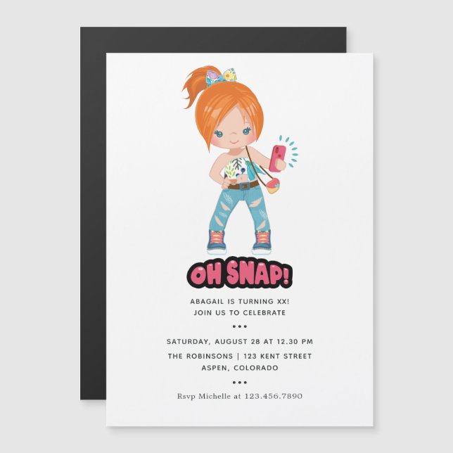 Invitation Magnétique Drôle Oh Snap ! Selfie Fille fête d'anniversaire (Devant / Derrière)