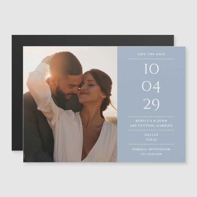 Invitation Magnétique Dusty Blue Modern Mariage Photo Enregistrer La Dat (Devant / Derrière)
