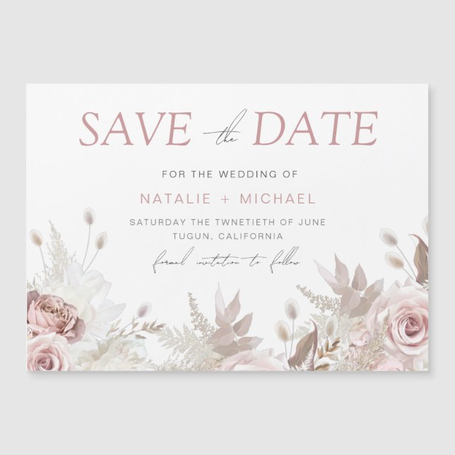Invitation Magnétique Dusty Rose Floral Blush Wedding Enregistrer La Dat (Devant)