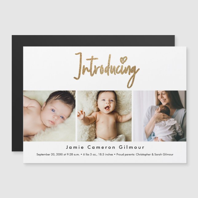 Invitation Magnétique Écriture dorée Présentant un Bébé personnalisé ave (Devant / Derrière)