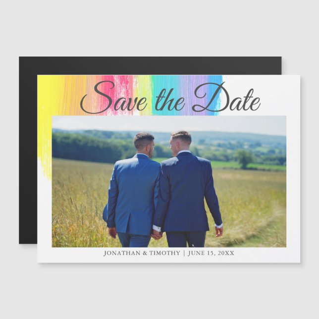 Invitation Magnétique Elégant arc-en-ciel LGBTQ Couple Photo Enregistrer (Devant / Derrière)