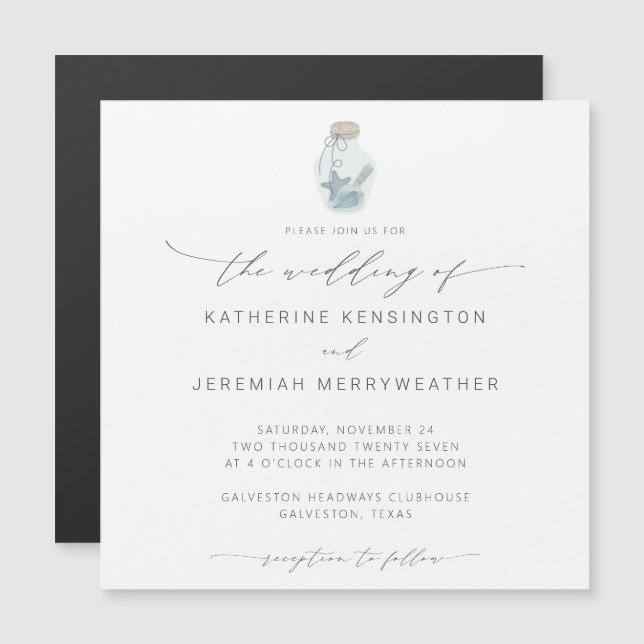 Invitation Magnétique Elégant Beach Seashell Mariage de script moderne (Devant / Derrière)