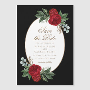 Invitation Magnétique Élégant Black & Gold Red Floral Enregistrer La Dat
