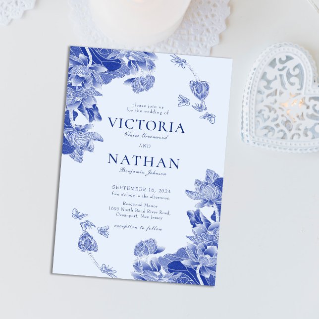 Invitation Magnétique Elégant bleu Floral Lotus Chinoiserie Mariage (Créateur téléchargé)