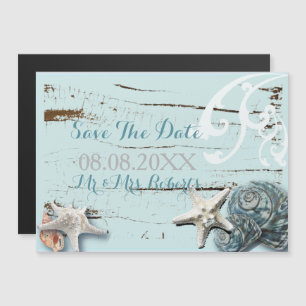 Invitation Magnétique Élégant bois Coquillages Bleus Mariage sur la Plag