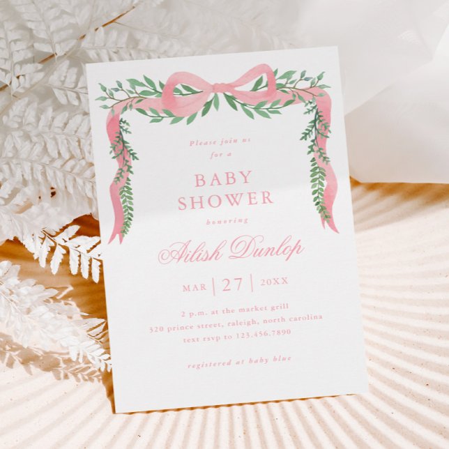Invitation Magnétique Elégant Bow rose avec Baby shower fille verdoyante (Elegant Pink Bow Greenery Girl Baby Shower Magnetic Invitation.)