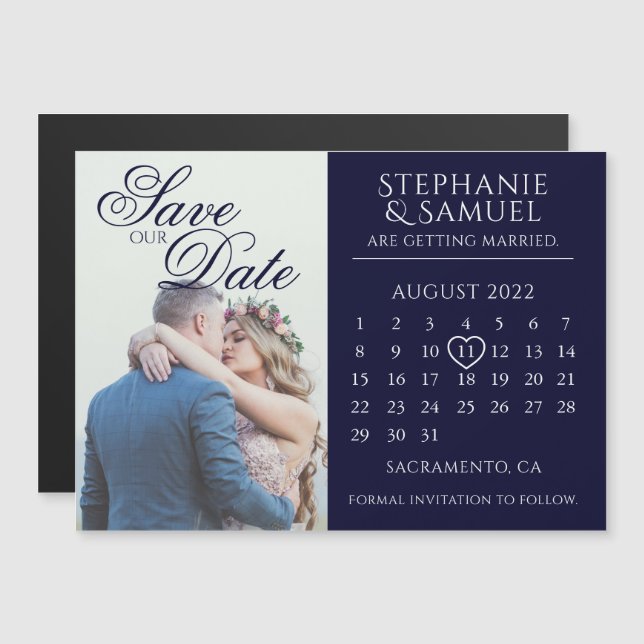 Invitation Magnétique Élégant calendrier des Mariages de la Marine Photo (Devant / Derrière)