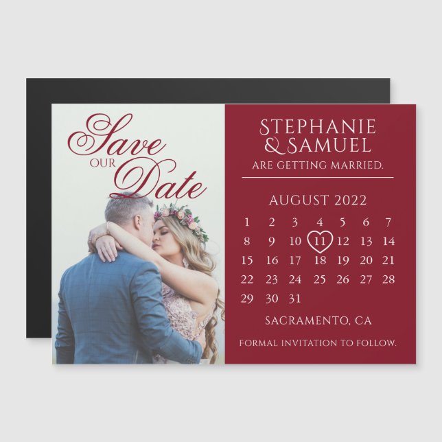 Invitation Magnétique Élégant calendrier Mariage de Bourgogne Enregistre (Devant / Derrière)