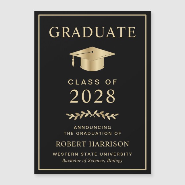 Invitation Magnétique Elegant College Black Gold Graduation (Devant)