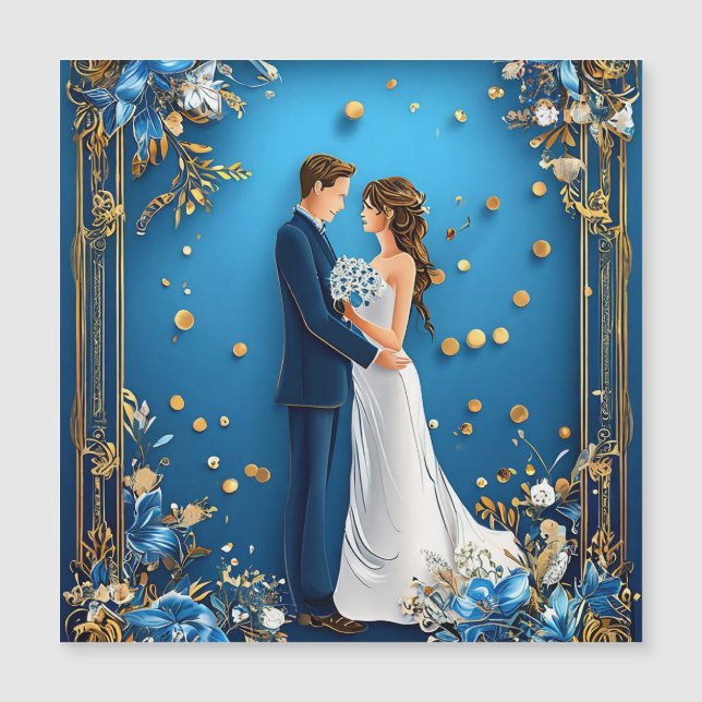 Invitation Magnétique Élégant couple de mariage avec cadre floral (Devant)