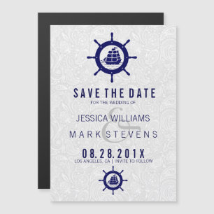 Invitation Magnétique Élégant Damas blanc et roue bleue nautique