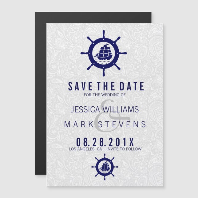 Invitation Magnétique Élégant Damas blanc et roue bleue nautique (Devant / Derrière)