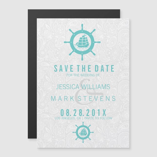 Invitation Magnétique Élégant Damas blanches et roue Turquoise nautique (Devant / Derrière)