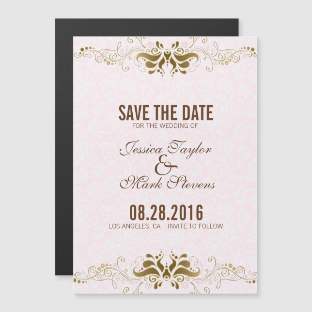 Invitation Magnétique Élégant dentelle or blanc Damas (Devant / Derrière)