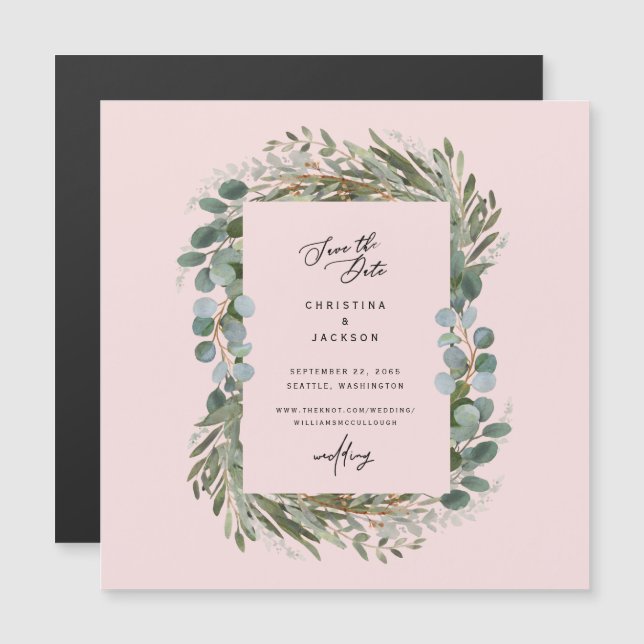 Invitation Magnétique Elégant Eucalyptus Mariage Enregistrer la Date Blu (Devant / Derrière)